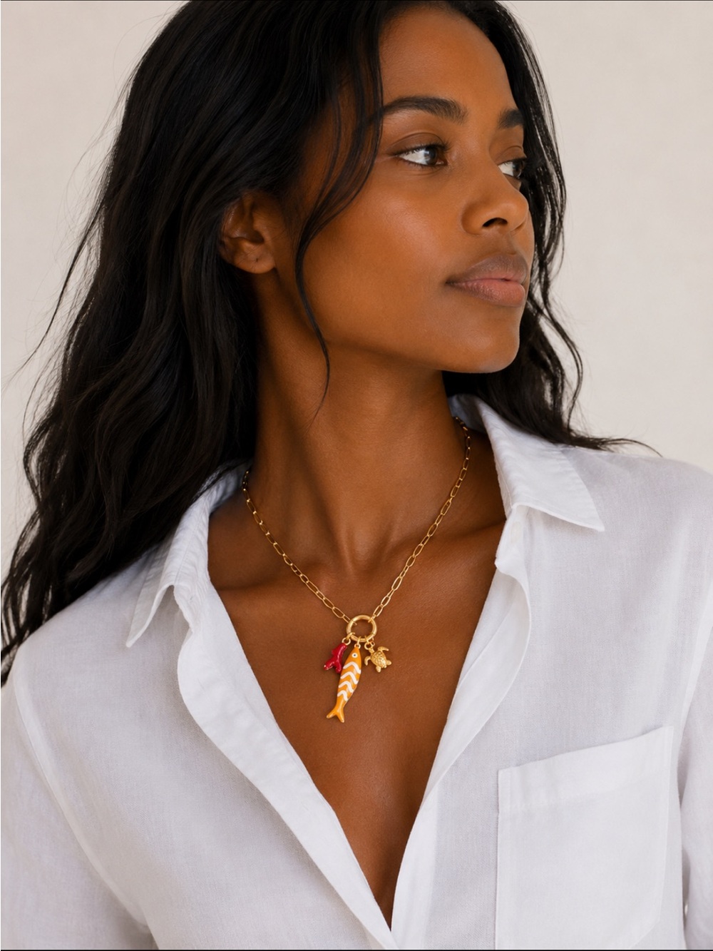 New! Coastal Preppy Orange Fish Sardine Gold Paperclip charm Necklace NWOT 1035
